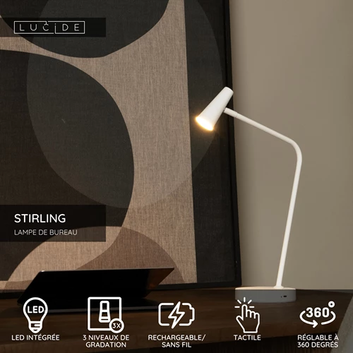 Lucide STIRLING - Lampe de bureau Rechargeable - Batterie/Piles - LED 3 StepDim - 1x3W 2700K - Blanc - USP